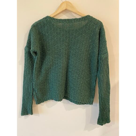 Roxy Women’s M Textured Knit Sweater Green Cotton Crewneck Pocket Detail - Picture 2 of 10